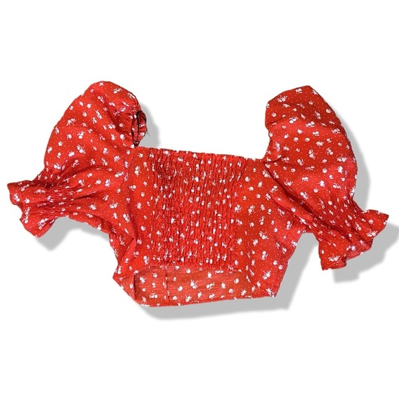 H&M Junior Puff Sleeve Crop Top Red Floral Shirt  Boho Top Summer Resort wear - Picture 7 of 9